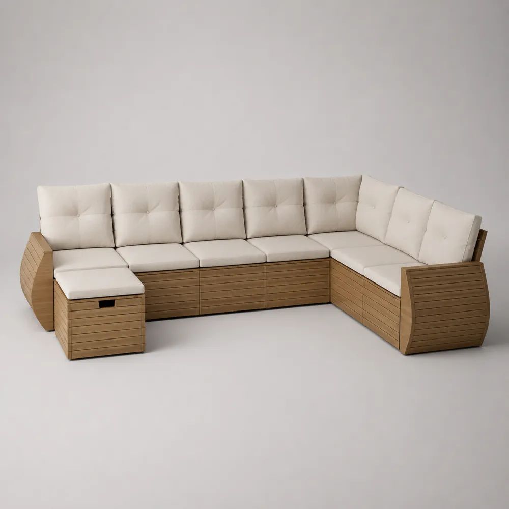 7-Sitzer-Gartensofa-Set in U-Form aus massivem Akazienholz mit Polstern, Naturbraun/Creme, 310 × 210 × 78 cm