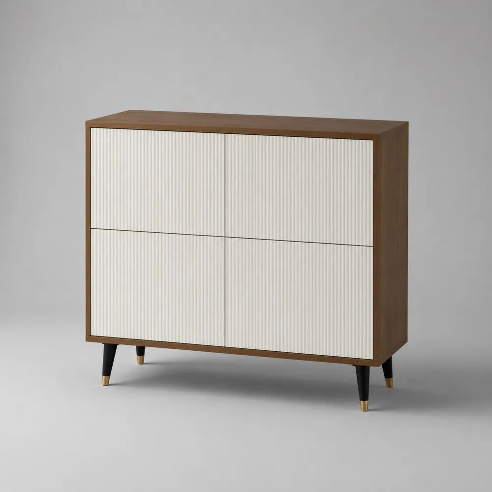 Sideboard mit 4 Türen aus MDF mit Walnussfurnier und Rillenfront, Walnussbraun und Cremeweiß, 120 × 40 × 110 cm
