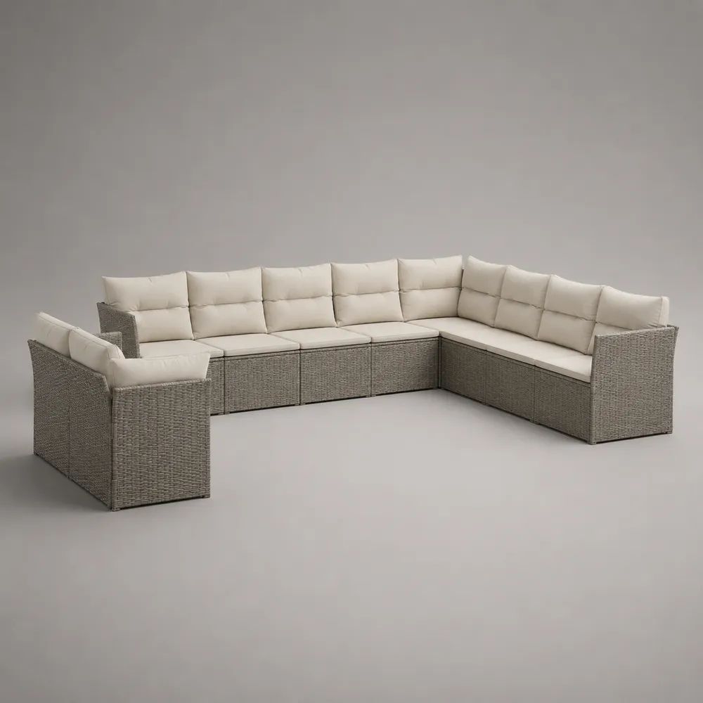 Polyrattan-Gartenlounge-Set für 8 Personen mit L-förmigem Ecksofa und Sessel, Grau/Beige, 300 × 240 × 75 cm