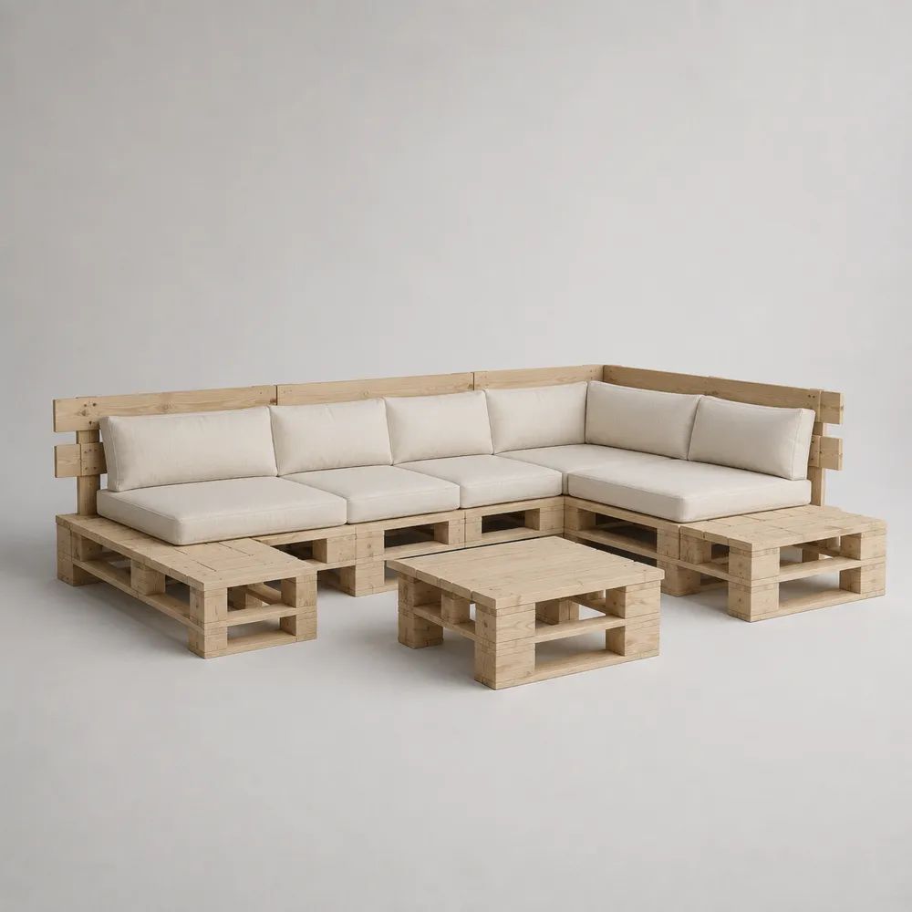 L-förmiges Gartensofa-Ecklounge-Set aus massivem Kiefernholz mit Couchtisch und cremeweißen Polstern, 280 × 220 × 80 cm