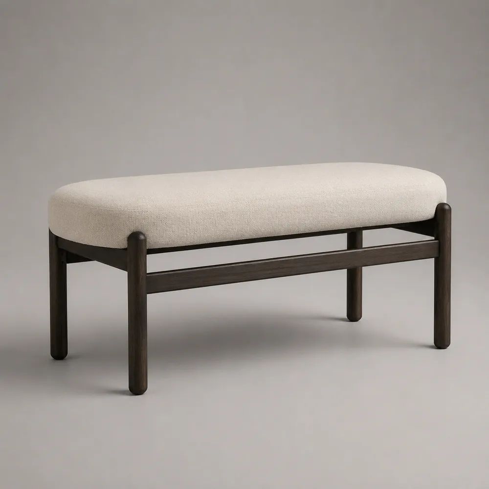 Gepolsterte Bettbank aus Polyester-Bouclé und massivem Kautschukholz, Creme/Dunkelbraun, 120 × 40 × 48 cm