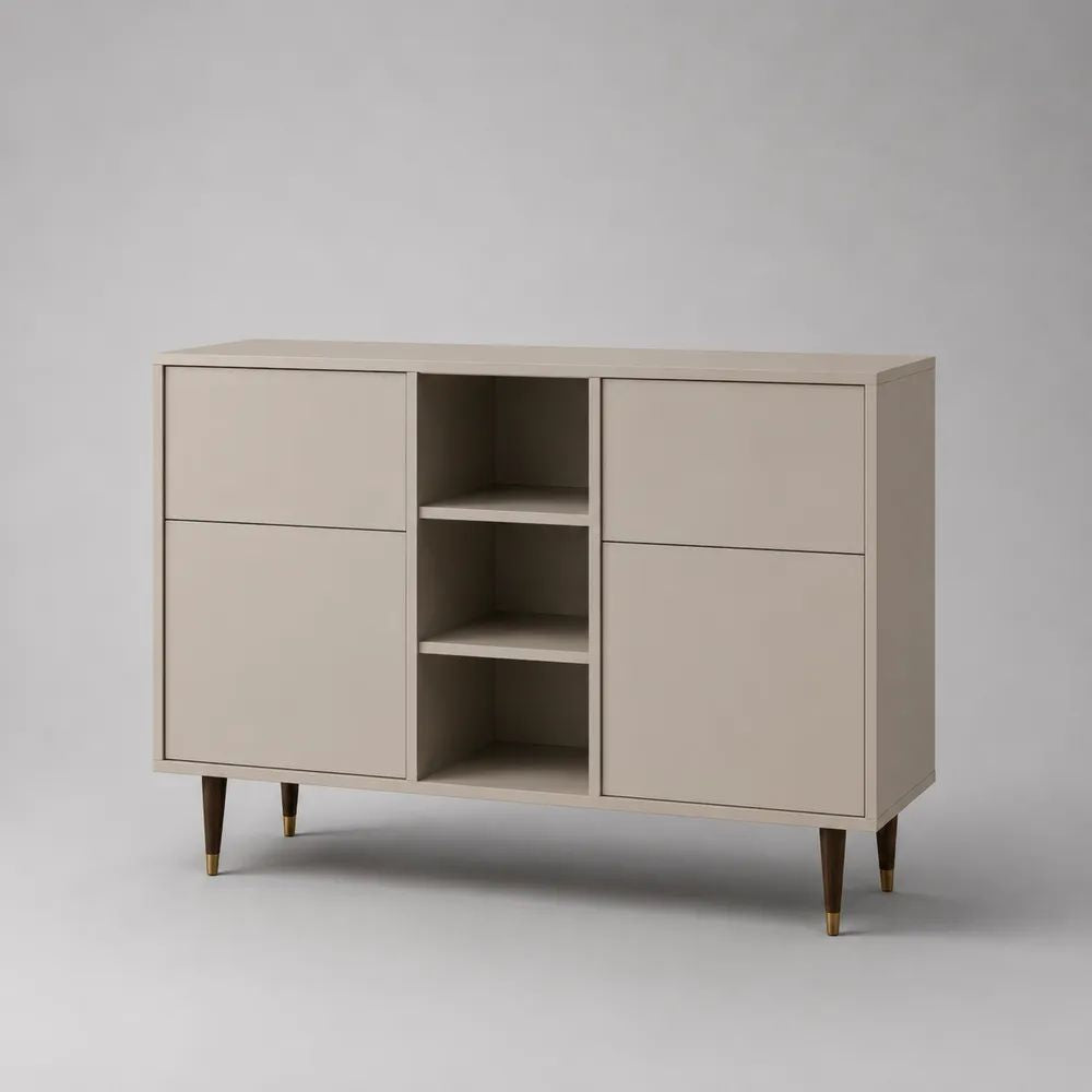 Sideboard mit 4 Türen und 3 offenen Fächern aus MDF und Spanplatte, Beige, 140 × 40 × 90 cm