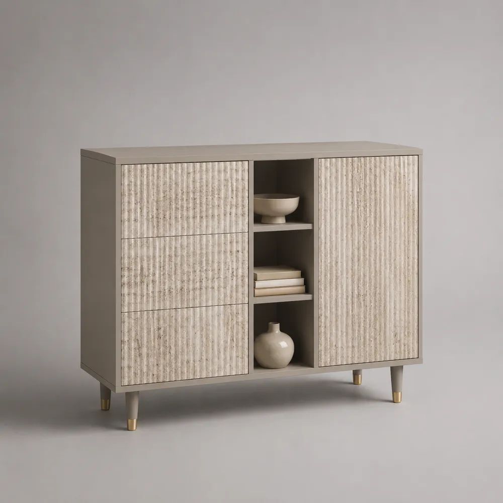 Sideboard aus MDF und Spanplatte mit 3 Schubladen, 1 Tür und 3 offenen Fächern, Greige/Beige/Messingfarben, 120 × 40 × 95 cm