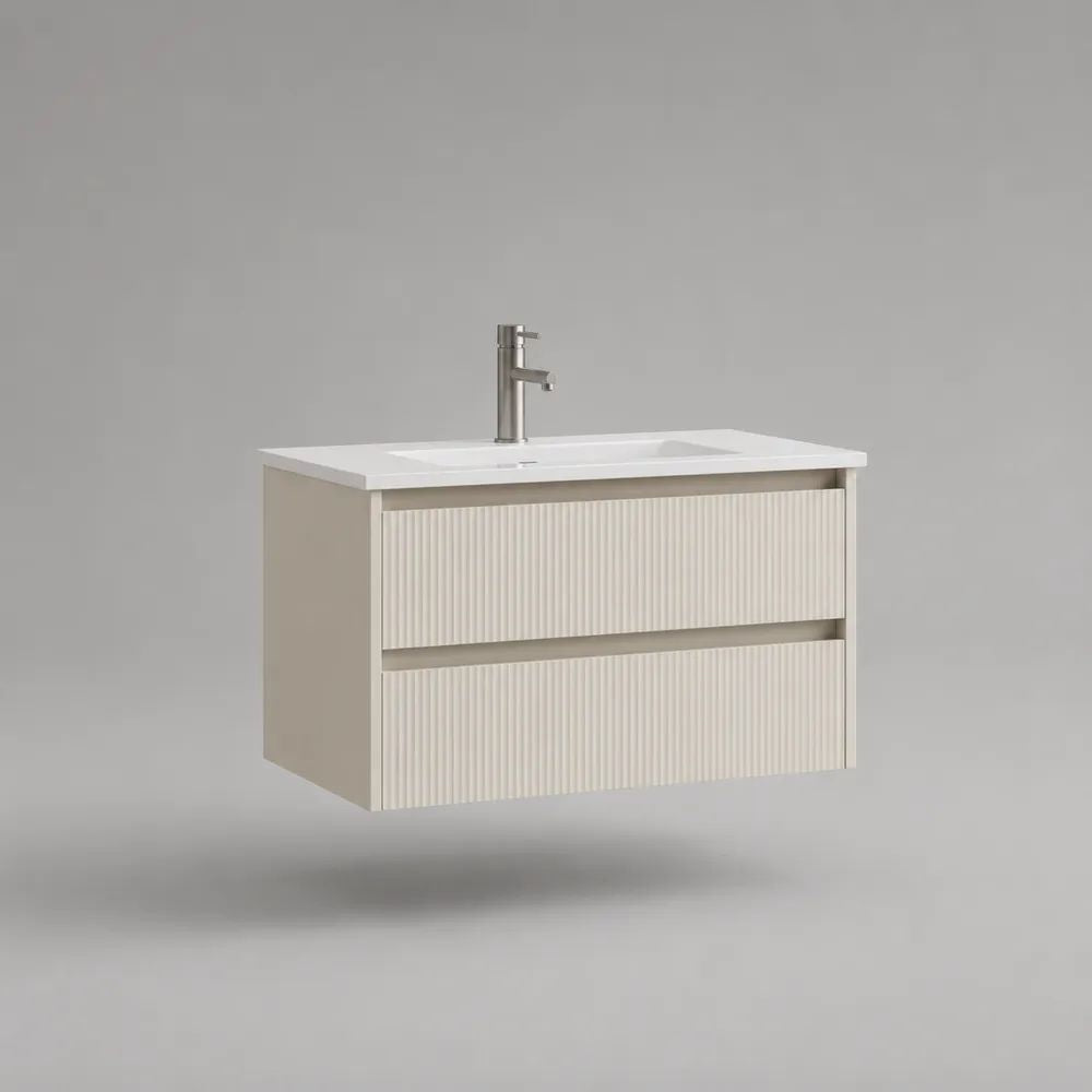 Wandhängender Waschtischunterschrank aus MDF mit Keramikwaschbecken, 2 Schubladen, Weiß, 80 × 46 × 55 cm
