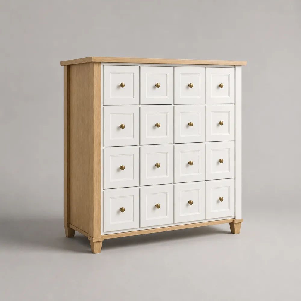 Schubladenkommode aus MDF mit Eichenfurnier, 16 Schubladen, Natur/Weiß, 100 × 40 × 120 cm