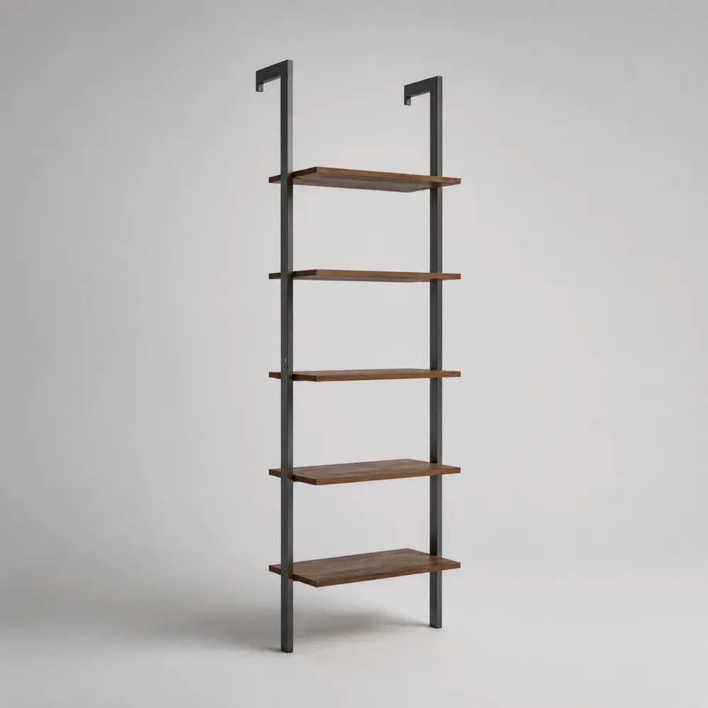 Bücherregal Wandregal aus MDF und Stahl mit 5 Ablagen, Walnussbraun/Schwarz, 60 × 30 × 190 cm