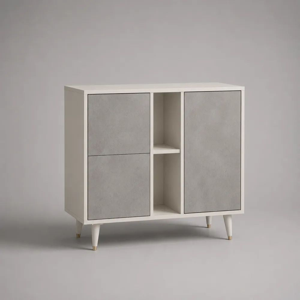 Sideboard aus Spanplatte und MDF mit 3 Türen und 2 offenen Fächern, Weiß/Betongrau, 100 × 35 × 90 cm
