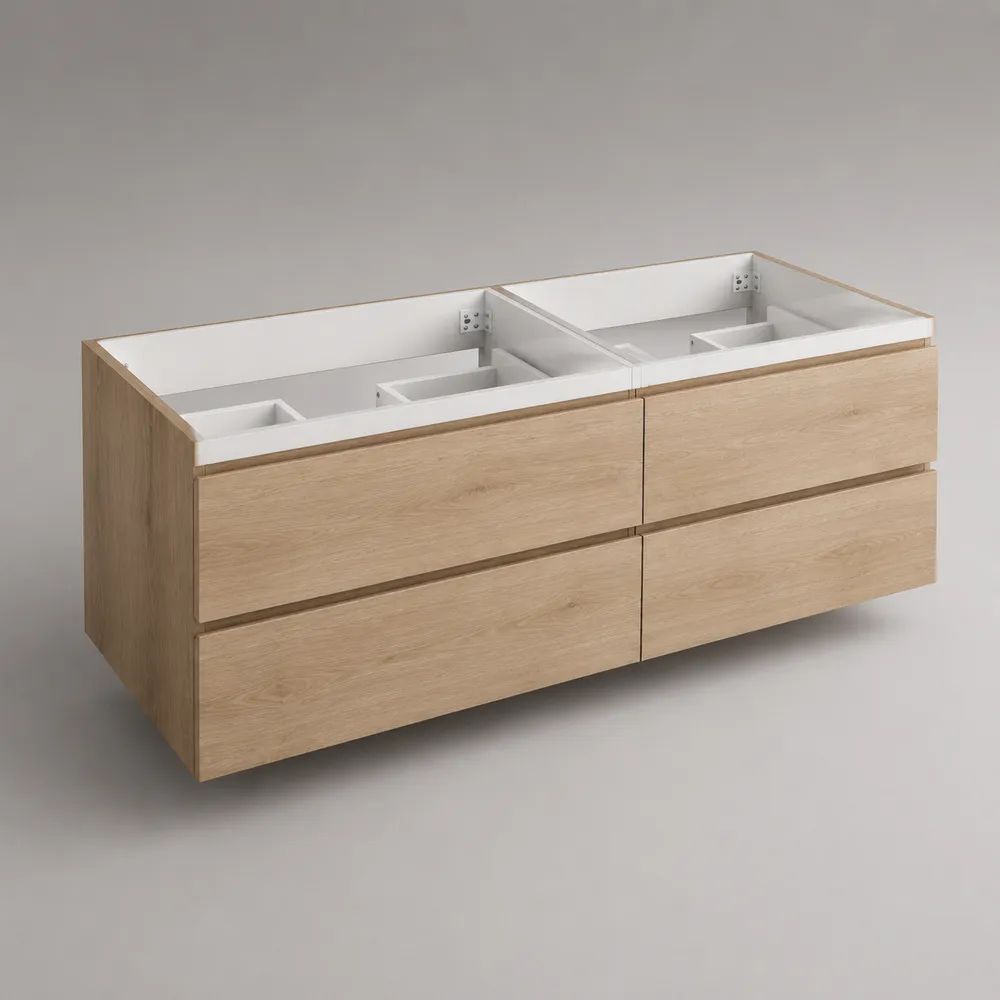 Wandhängender Waschtischunterschrank im 2er-Set aus MDF mit Eichenfurnier, 4 Schubladen, Eiche natur/Weiß, 120 × 45 × 50 cm