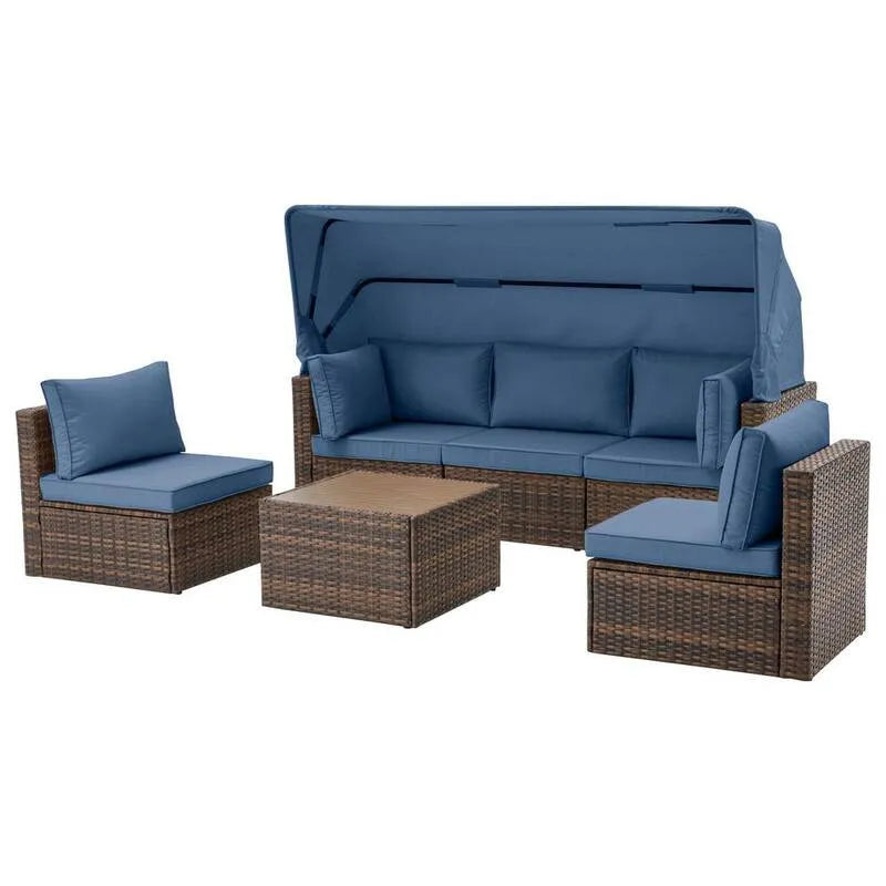 6 Teile Sofa 6-Stück, verstellbare Überdachung und Rückenlehne, Garten, Braun, Blau