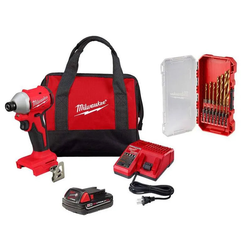 Milwaukee 15 Teile Compact bürstenlos kabellos Schlagantriebssatz, 18V, kabellos Design, kompakte, tragbare Bauweise, Ladegerät & Bohrersatz, M18, 2.0 Ah
