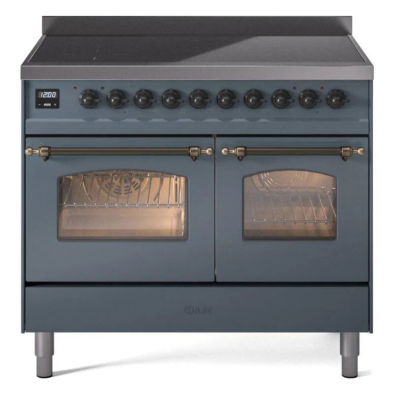 ILVE, Nostalgie II 40 in. 6 Burner Plus Grillplatte Freistehende Doppelofen Dual Fuel Herd in Blaugrau mit Bronze, Doppelofen Dual Fuel Herde