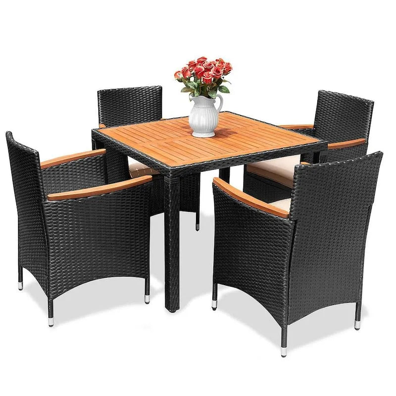 5 Teile Wood und Polyrattan Garten Essgruppe 5-Stück, Beige