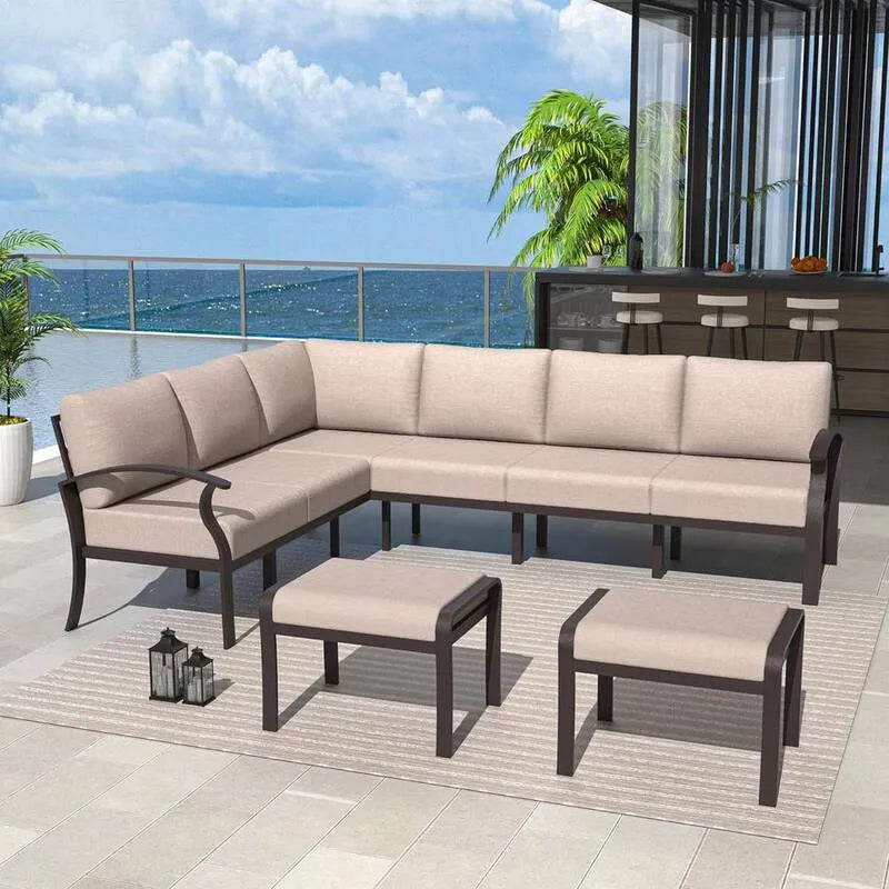 8-Seat 8-Sitz, Garten, Patio, Ottoman und Kissen Sand, 8-Sitz Schwarz Aluminium Außenterrasse Gespräch Sektional Setmit Armlehne, Aluminium
