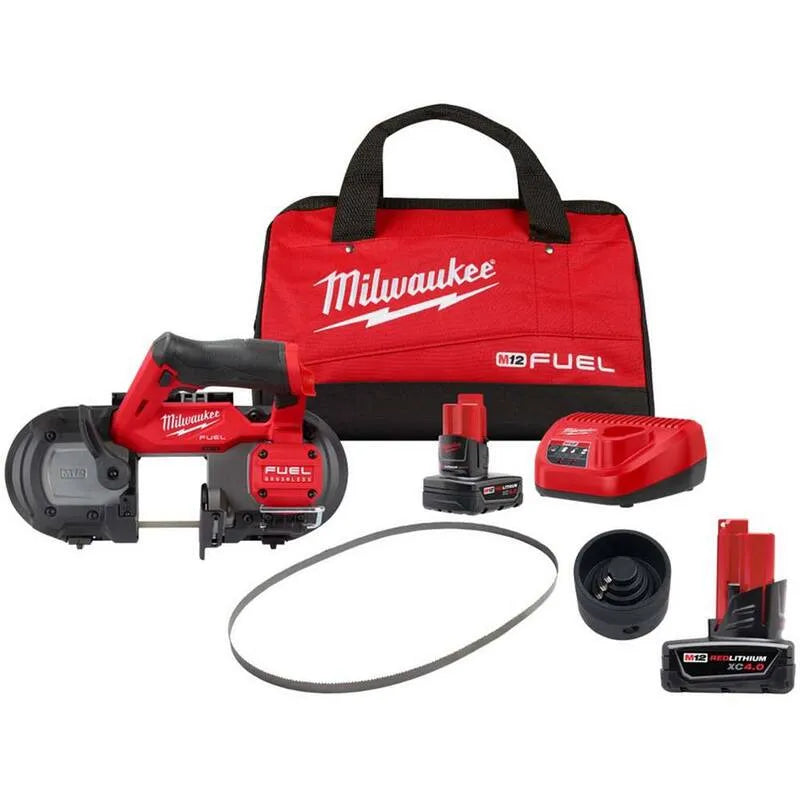 Milwaukee FUEL 12V M12 Li-Ionen-Kabelloses Kompaktband-Säge-Kit, 4. 0 Ah Batterie, Klingen & Reiber-Anschluss, Schnurloses Design, 3 Klingen, 4.0 Ah