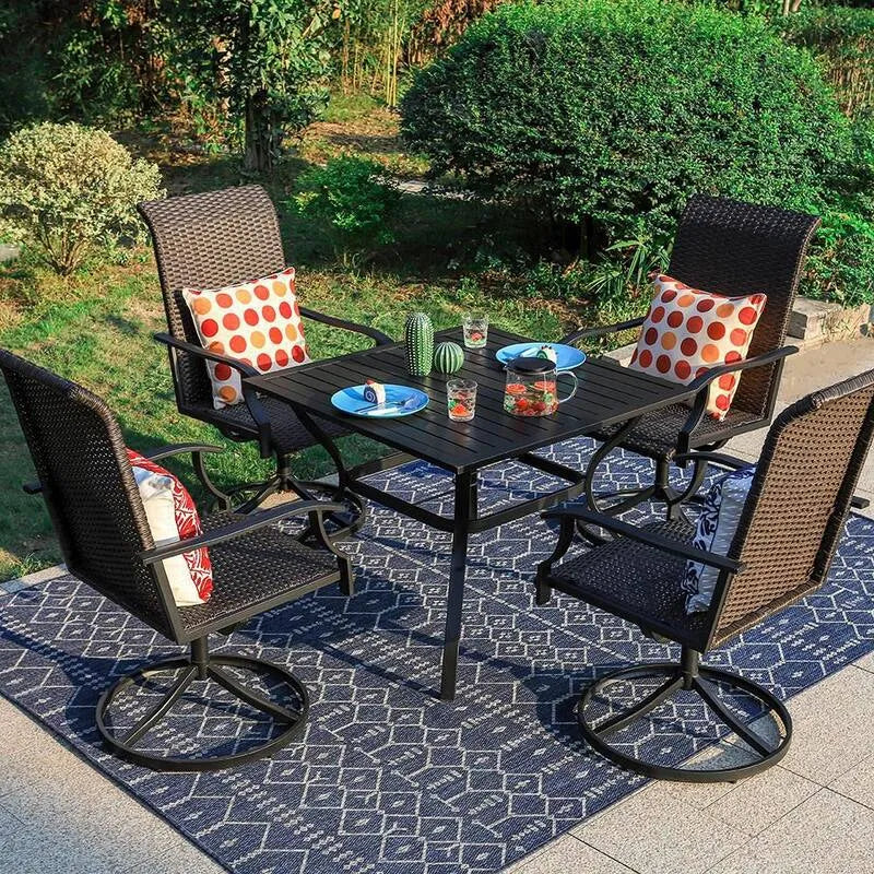 Teil Patio Garten Essgruppe 5 Teile, Patio Garten Essgruppe mit quadratischem Tisch und Rattan Swivel Stuhl