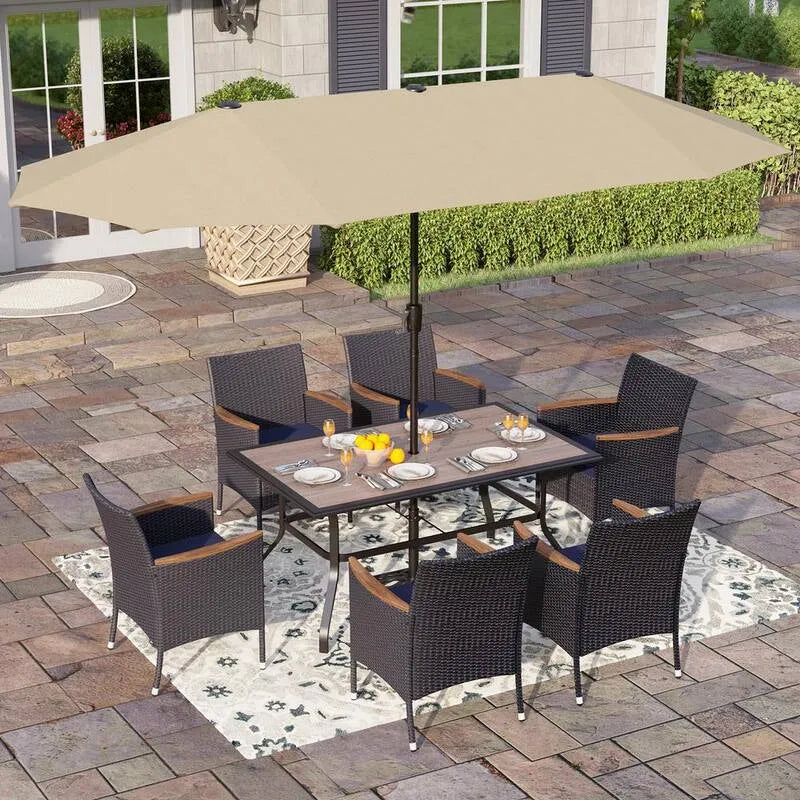 Teil Metal Patio Garten Dining Set 8 Teile, Regenschirm und Rattan Stühle mit Blauem Kissen, Schwarz, Holz, Garten-Essgruppen