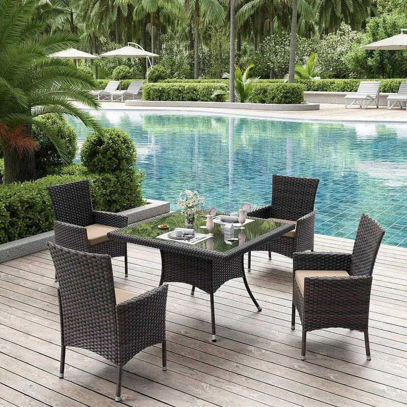 5 Teile Polyrattan Square Patio Garten Essgruppe 5-Stück, 1, 5 in., Sand Kissen, Regenschirmloch, 1.5 in