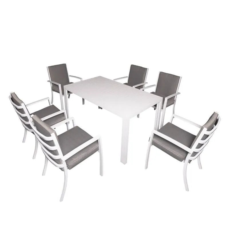 Garten-Essgruppe 7 Teile, 57 in., Rechtecktisch plus 6 Sessel, Garten, Aluminium, Weiß