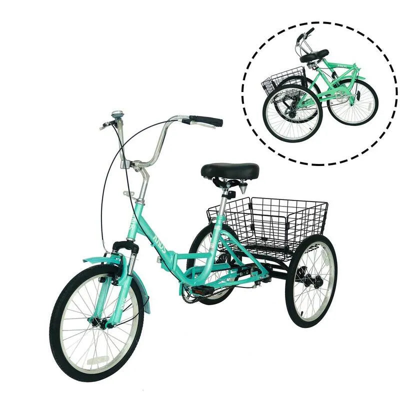 20 in., Faltbar, Teal Blue Fahrrad mit Einkaufskorb, 3 Rad Erwachsene Faltbares Dreirad