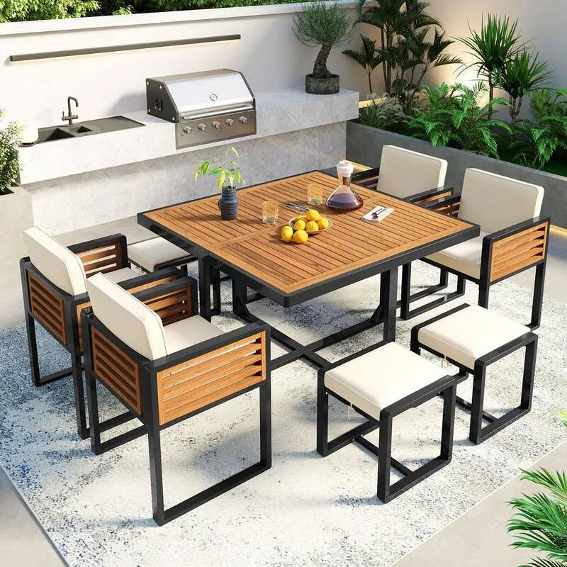 9 Teile Stück Acacia Wood Garten Essgruppe 9-Stück, Acacia Wood Garten Essgruppe mit Beige Kissen und 4 Ottomanen und 1-Square Table