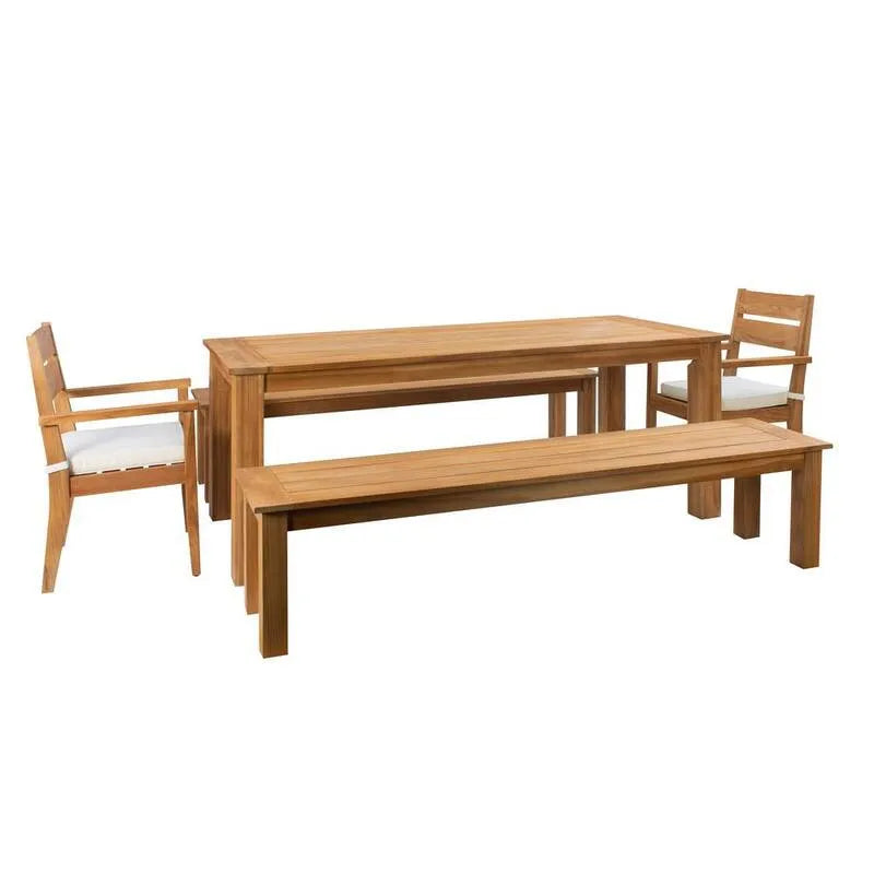 5 Teile Stück Teak Holz Rechteck Tisch 5-Stück, Garten, Natural Brown Teak Holz Rechteck Tisch Garten-Essen mit antiken weißen Polyester-Kissen