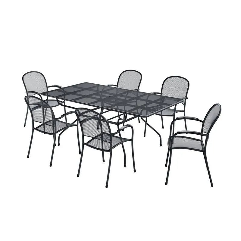 7 Teile Rechteckiger Mesh Stack Garten Essgruppe 7-Stück, Commercial-Grade Design, Schwarz, Stahl