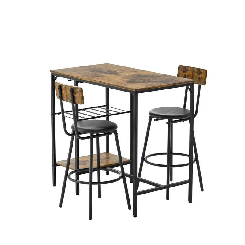 3 Teile Top Patio High Top Bistro-Set 3-Stück großer Bistrotisch und Stühle mit Rückenlehne Ein Aufbewahrungsgestell, Innen, Außen
