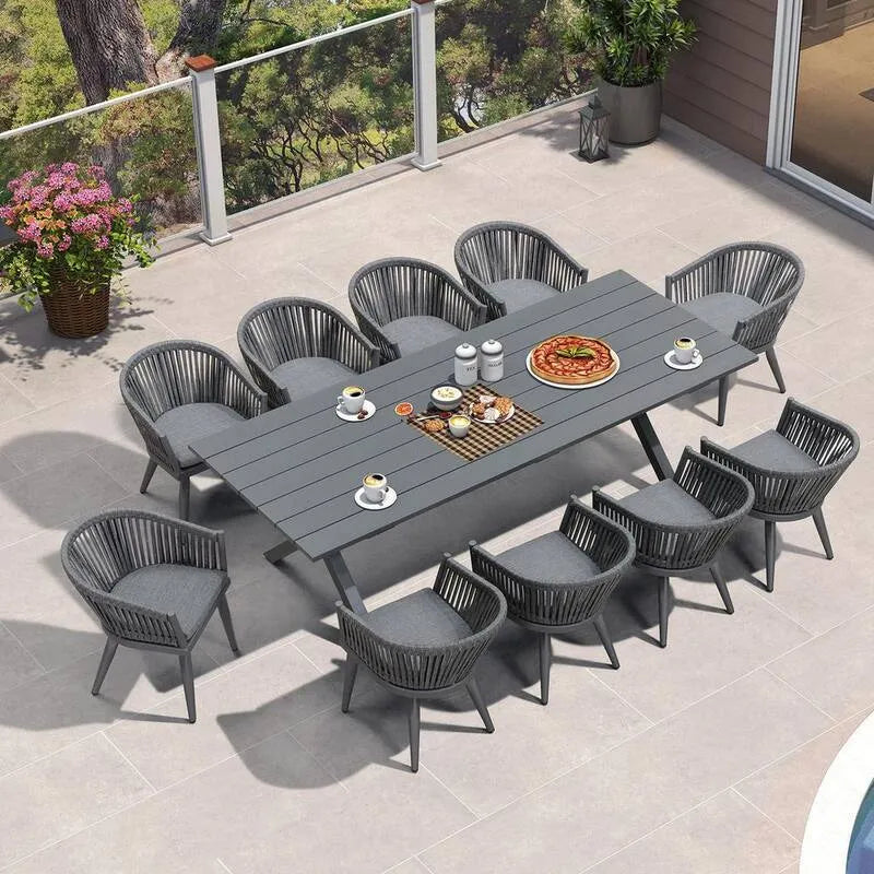 PE Rechteckiges Garten-Esszimmer, 11 Stück, Grau, Aluminium, 11 Teile, Graue moderne Rückenlehne, Garten-Essgruppen