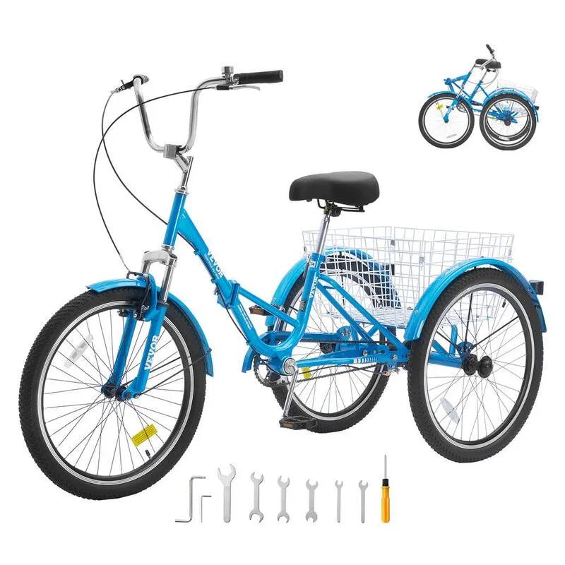 Adult Tricycle, Carbon Stahl 3 Wheel Cruiser Bike mit Large Basket Blue, 26 in. Adult Folding Trikes, 26 in.