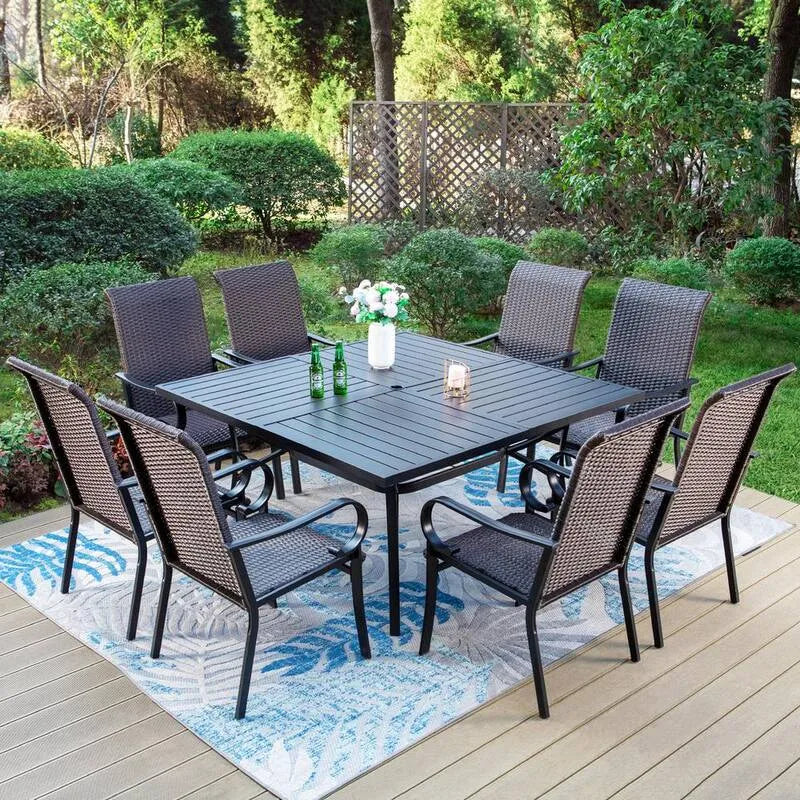 Teil Metal Garten Dining Set 9 Teile, Metal Garten Dining Set mit quadratischem Tisch und gebogenen Armlehnen High-Back Rattan Stühlen