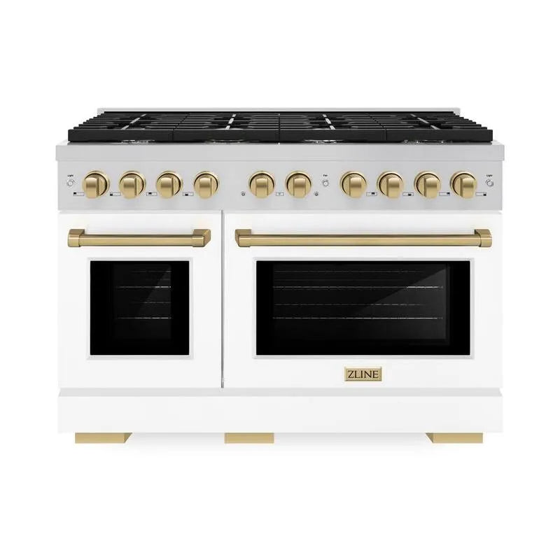 Gas Herd 8-Burner, Edelstahl, Konvektion Kochen, 48 in., Weiße Matte und Champagner Bronze, Autogramm