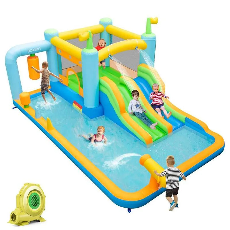 735, Wasserrutsche Park Giant Bounce House mit doppelt langen Rutschen Boxing Splash Pool Jumping Area Blower, aufblasbar
