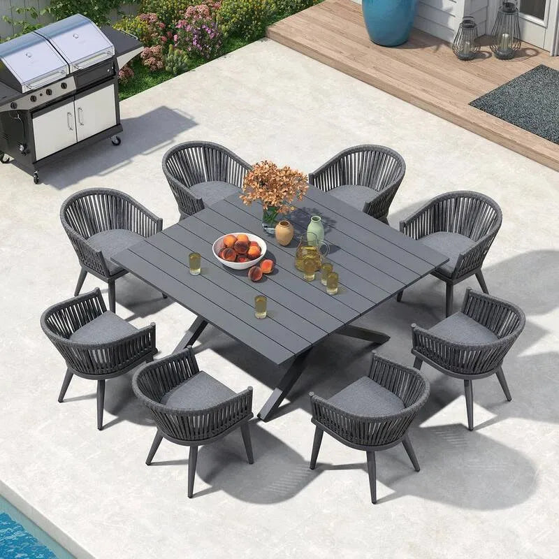 PE-Rattan Square Garten Essgruppe, 9 Stück, Grau, Aluminium, 9 Teile, Graue moderne Rückenlehne, Garten-Essgruppen