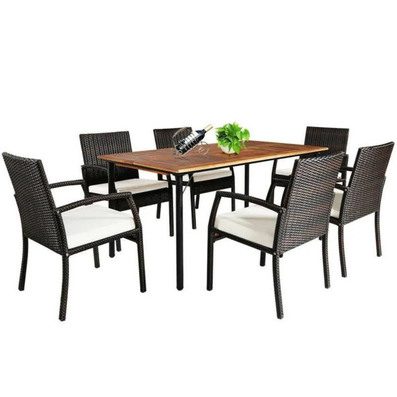 7 Teile Stück Polyrattan Rechteck Tisch 7-Stück, Polyrattan Rechteck Tisch Garten-Essen mit weißen Kissen und Schirmloch, Garten
