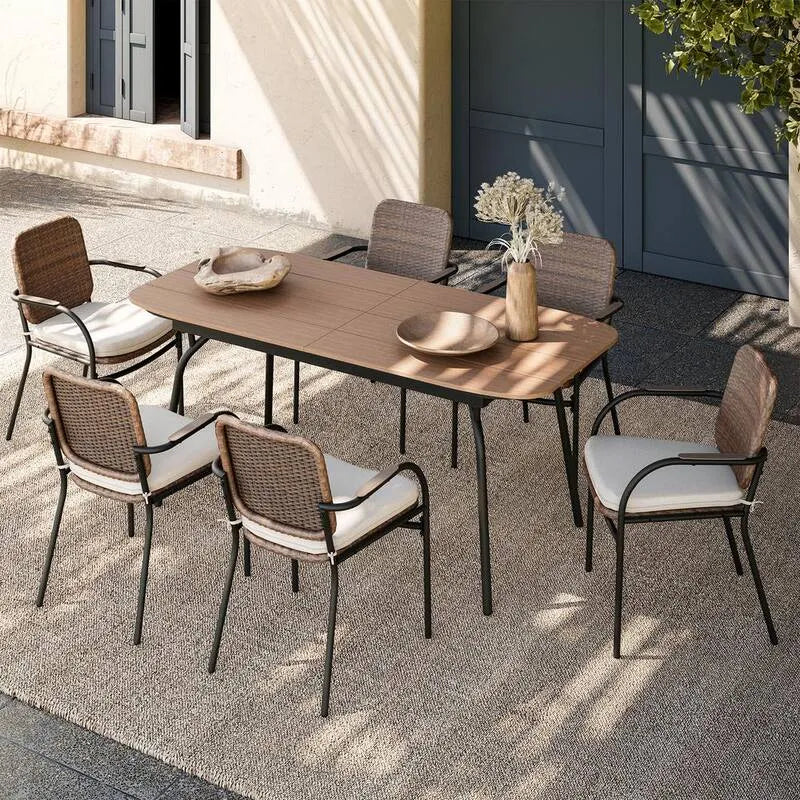 7 Teile Stück Polyrattan Rechteckiges Garten Essgruppe 7-Stück, Braun, Beige