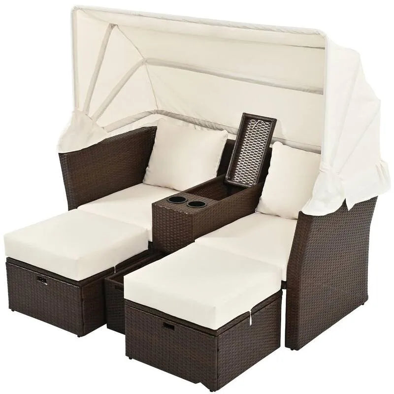 3 Teile 3-Stück, Faltbares Design, Braun, Polyrattan Garten Loveseat mit Beige Kissen und Faltbare Markise