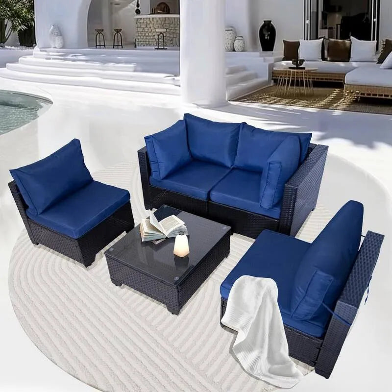 1-Side Teil Schwarz Polyrattan Garten Sektional Set 5 Teile, Schwarz Polyrattan Garten Sektional Set mit Blue Kissen und 1-Seitentisch für Patio