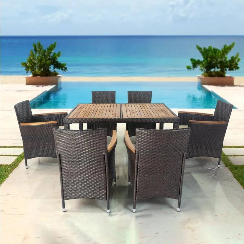 Teil Brown Polyrattan Garten Essgruppe 7 Teile, Brown Polyrattan Garten Essgruppe mit Beige Washed Kissen