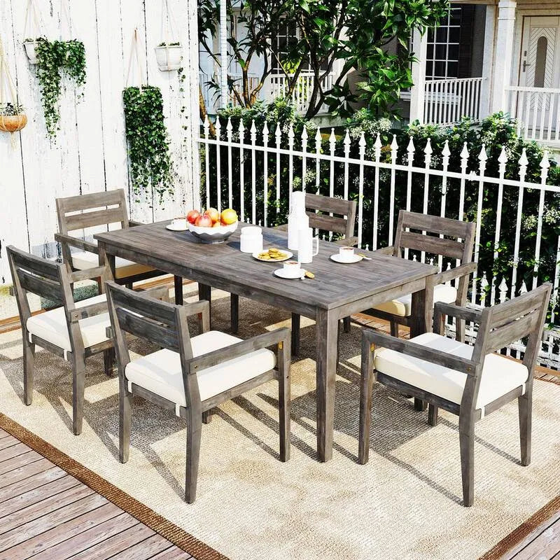 7 Teile Graues Akazienholz Garten Essgruppe 7-Stück, Beige