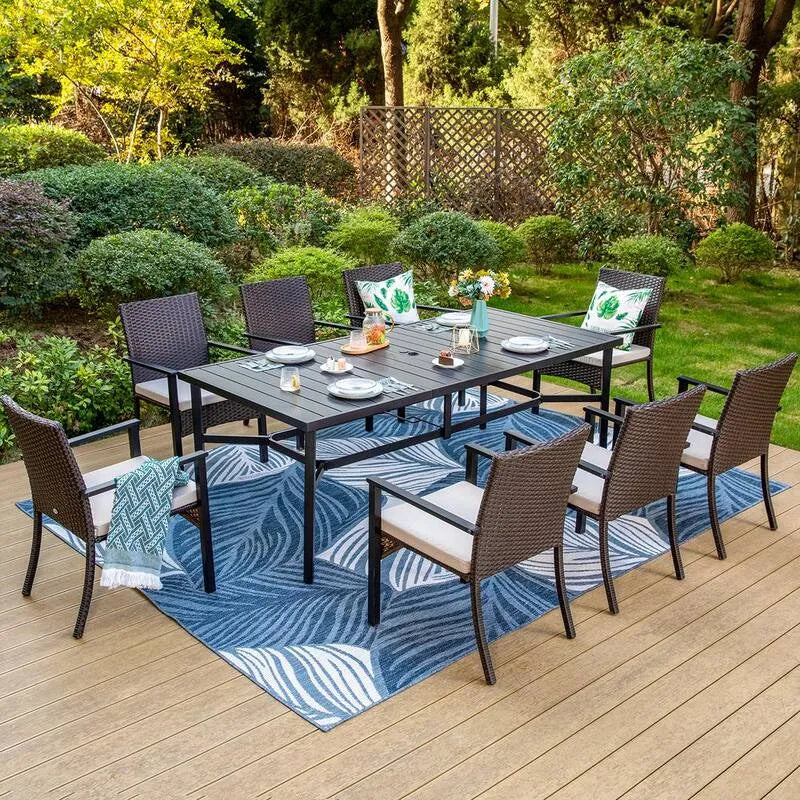 9 Teile Stück Metall Slat Rechteck Tisch 9-Stück, Metall Slat Rechteck Tisch Terrasse Garten-Essen mit Rattan Stühle mit Beige Kissen, Schwarz