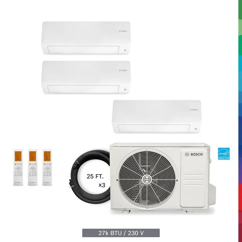Bosch 3-Zonen kanalloses Mini-Split-System, 2, 25 Tonnen, 27000 BTU, Wärmefunktion, 230, 27,000 BTU, Weiß, Multi-Split-Systeme