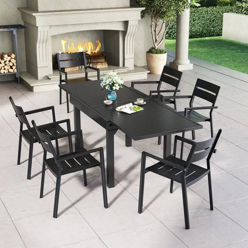7 Teile Metallrechtecke Erweiterbar Garten Essgruppe 7-Stück, Schwarz