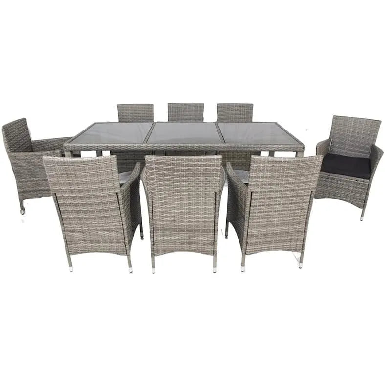 Teil Polyrattan Patio Garten Dining Set 9 Teile, Polyrattan Patio Garten Dining Set mit Glastischplatte und schwarzen Kissen