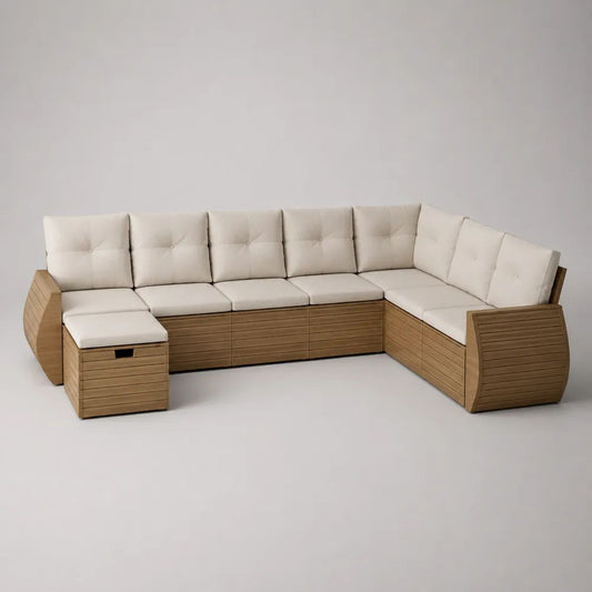 7-Sitzer-Gartensofa-Set in U-Form aus massivem Akazienholz mit Polstern, Naturbraun/Creme, 310 × 210 × 78 cm