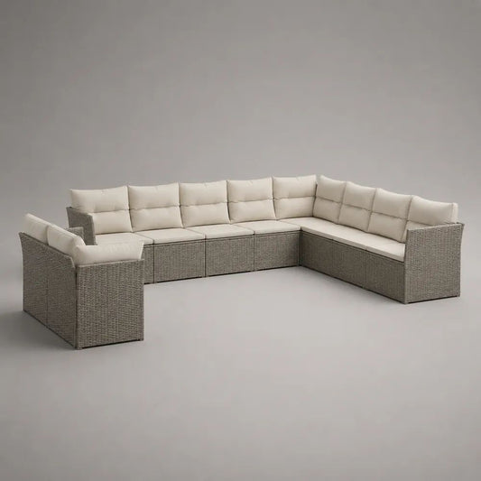 Polyrattan-Gartenlounge-Set für 8 Personen mit L-förmigem Ecksofa und Sessel, Grau/Beige, 300 × 240 × 75 cm