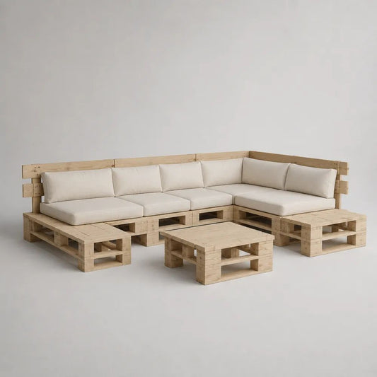 L-förmiges Gartensofa-Ecklounge-Set aus massivem Kiefernholz mit Couchtisch und cremeweißen Polstern, 280 × 220 × 80 cm