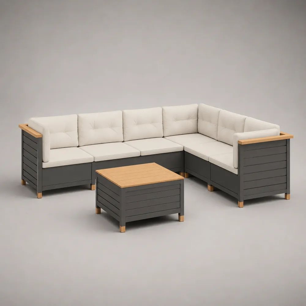 2-teiliges Gartenlounge-Set mit L-förmigem Gartensofa und Tisch aus Aluminium und Akazienholz, Anthrazit/Natur/Cremeweiß, 226 × 226 × 70 cm