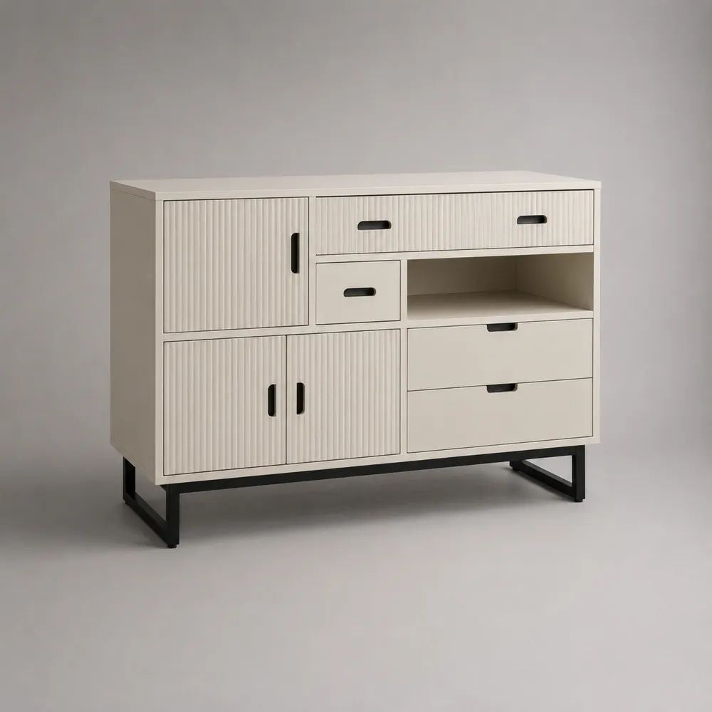 Sideboard aus MDF und Stahl mit 3 Türen, 4 Schubladen und offenem Fach, Cremeweiß/Schwarz, 120 × 40 × 90 cm