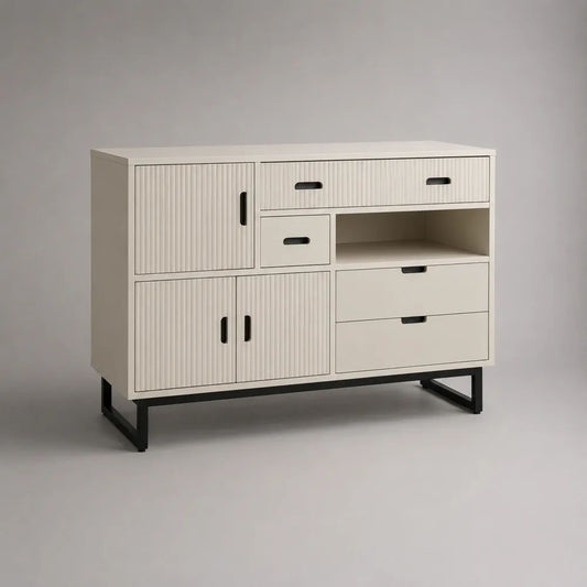 Sideboard aus MDF und Stahl mit 3 Türen, 4 Schubladen und offenem Fach, Cremeweiß/Schwarz, 120 × 40 × 90 cm