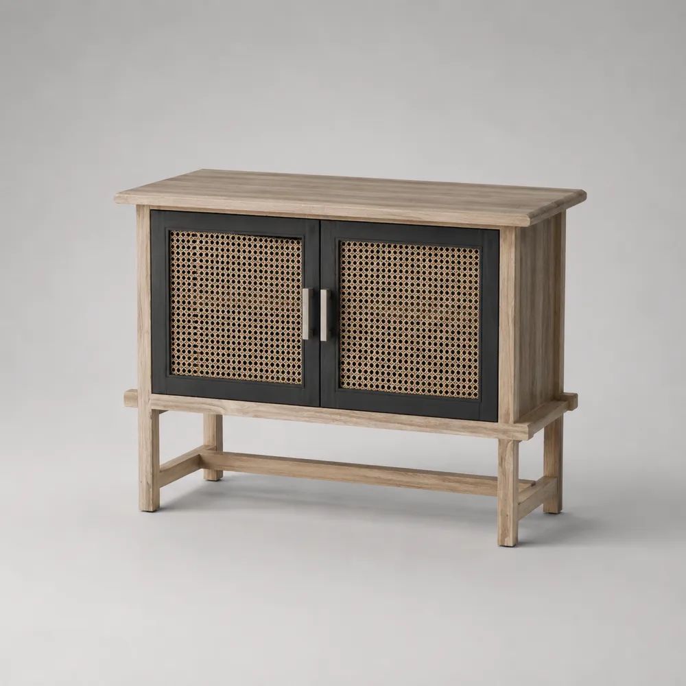 Sideboard mit 2 Türen aus massivem Mangoholz und Rattangeflecht, Natur/Schwarz, 100 × 40 × 80 cm